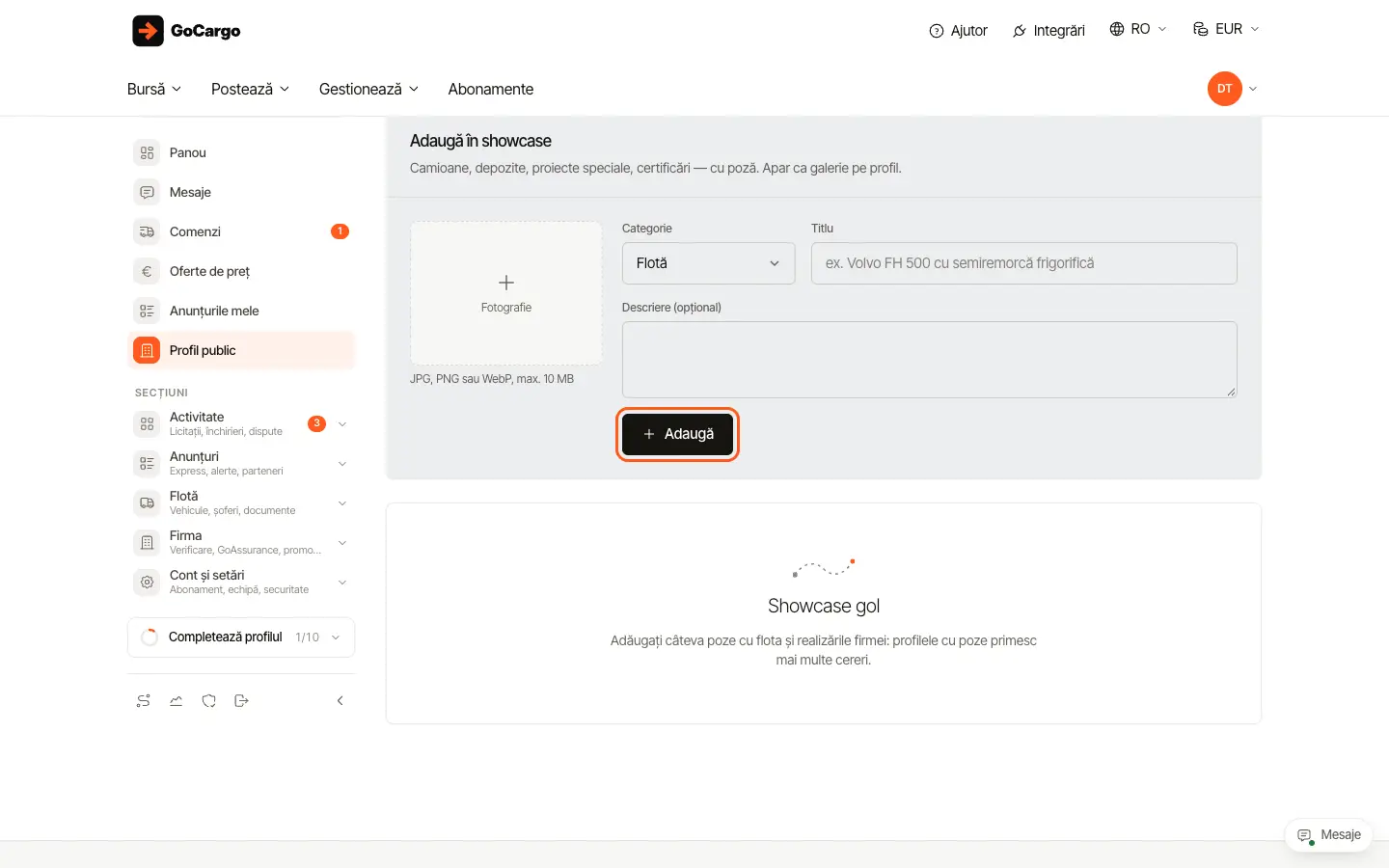 Configurați profilul public al firmei: Showcase: galeria firmei