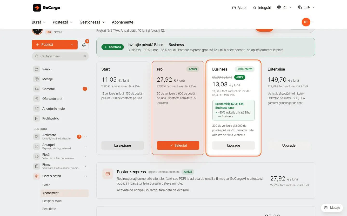 Upgrade la un plan superior, cu credit pentru zilele rămase: Alege planul superior
